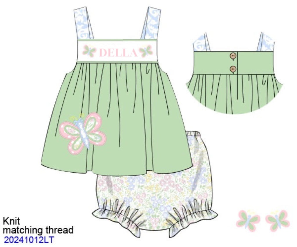 RTS: Girls Only- Izzy Butterfly Name Smock Knit Bloomer Set “DELLA”