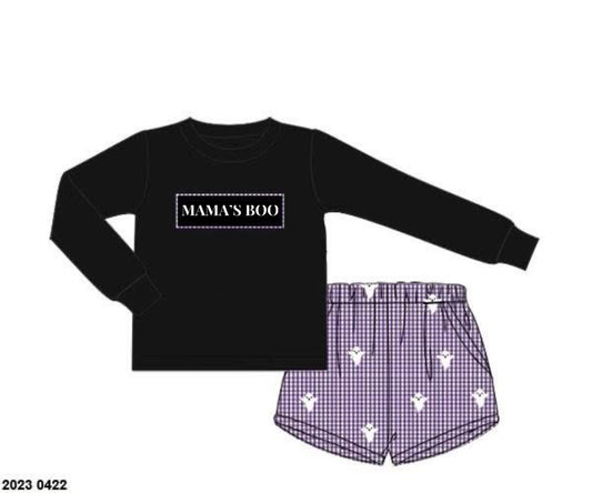 RTS: Halloween Name Smocks- Boys Woven Shortie Set “MAMA’S BOO”