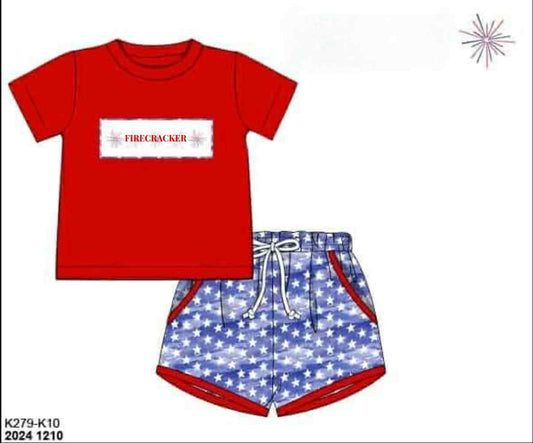 RTS: Patriotic Name Smocks- Boys Stars Knit Shortie Set "FIRECRACKER"