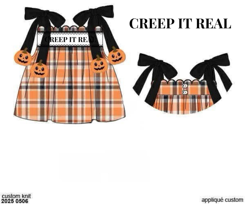 RTS: Halloween Name Smocks- Plaid Girls Woven Shirt "CREEP IT REAL"