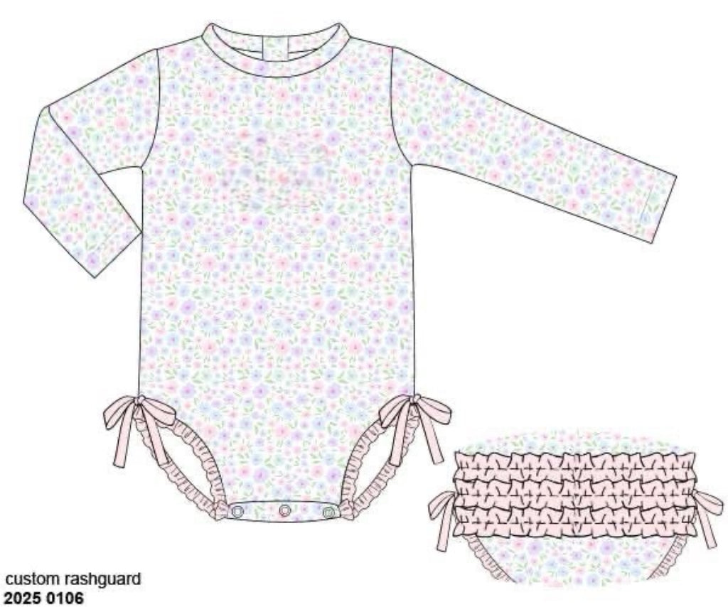 RTS: Blakely Floral & Collin Stripes- Girls Floral 1pc Long Sleeve Rash Guard Swim (Without Monogram)