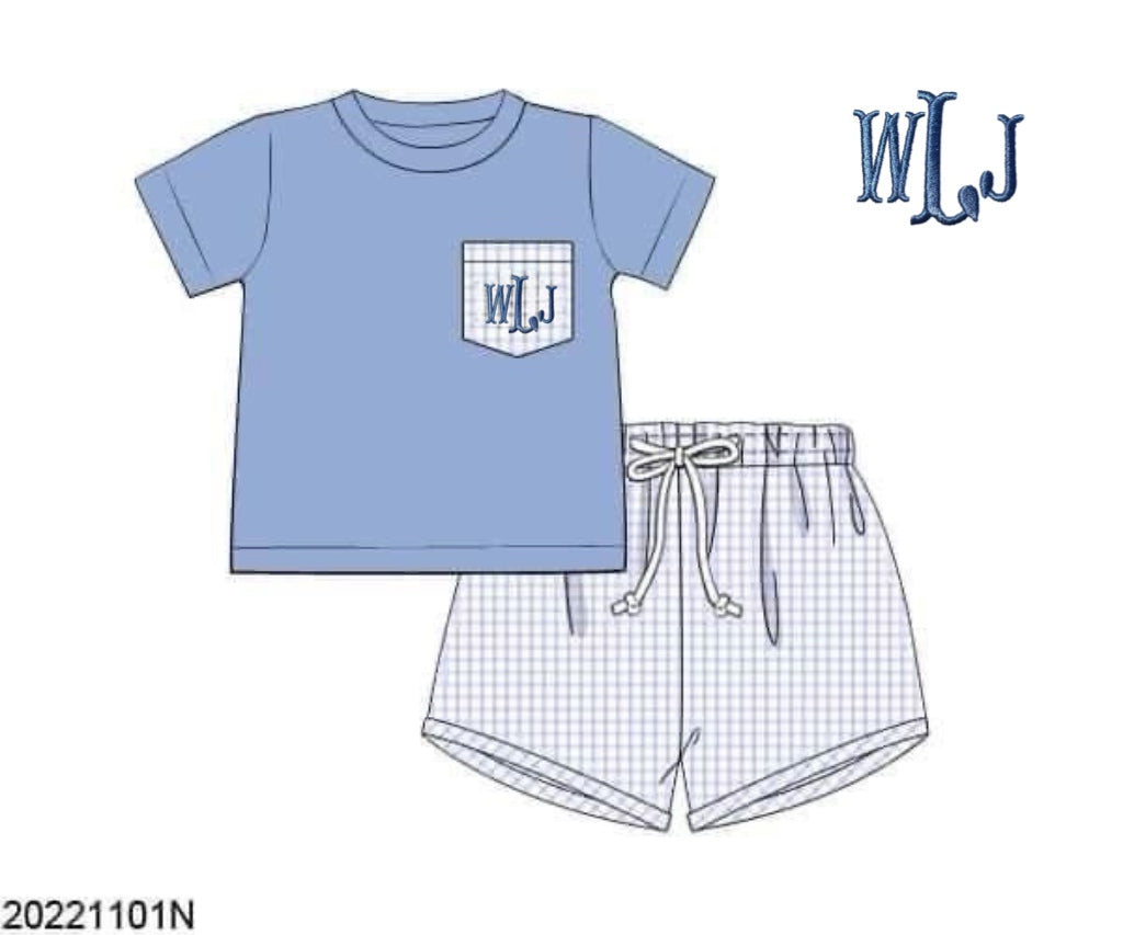 RTS: Azure Floral & Check- Boy Shortie Set “WLJ”