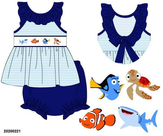Pre Order 135: Just Keep Swimming- Girls Smocked Bloomer Set