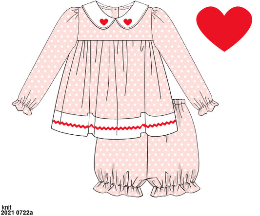 RTS: Pink Poka Dot Embroidered Hearts-  Girls Bubble Short Set