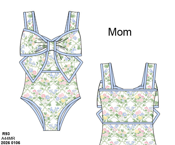 Pre Order 138: Mary Keene Floral & Stripe- Mom/Mini 1pc Bow Rash Guard Swim