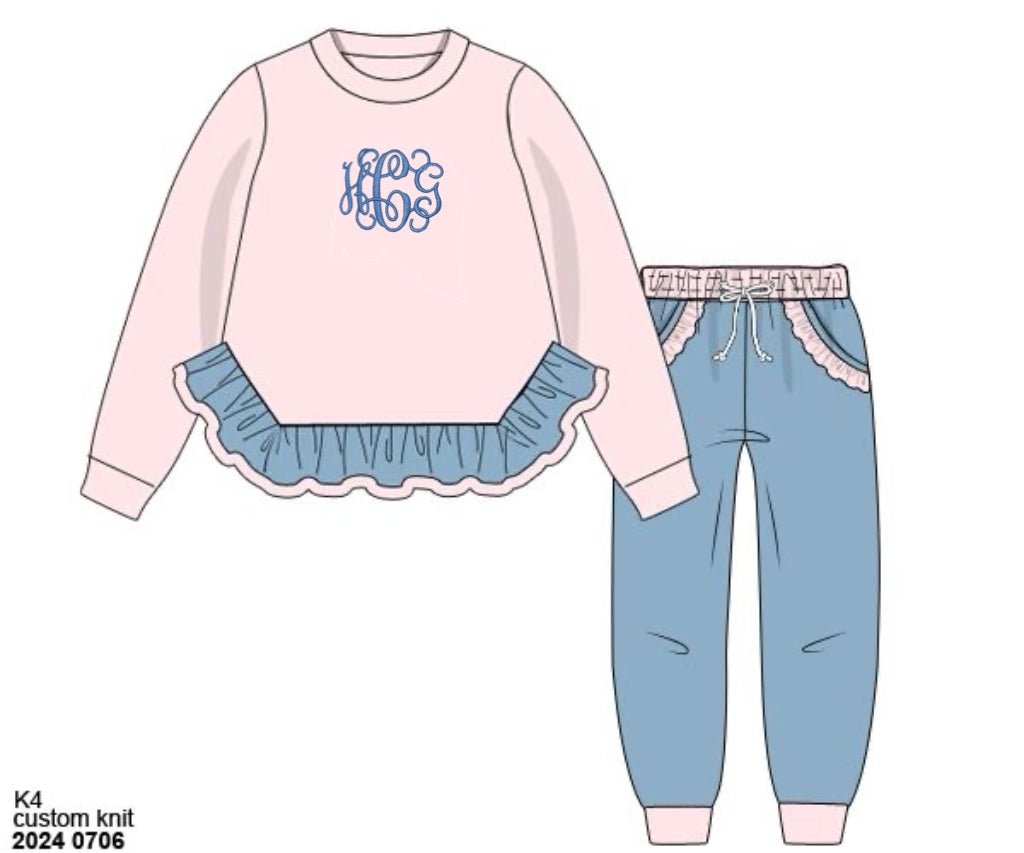 RTS: Knit Jogger Sets- Girls Solid Pink & Cadet Blue “HCG”