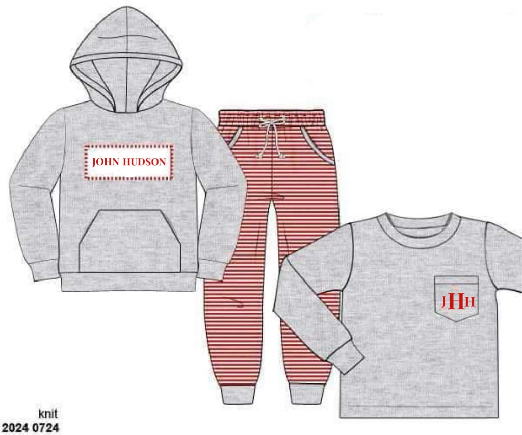 RTS: Winter Trio Packs- Boys Gray & Red Stripe Knit Jogger Set “John Hudson, JHH”