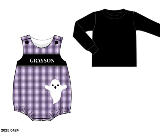 RTS: Halloween Name Smocks- Appliqué Ghost Boys 2pc Woven Bubble "GRAYSON"