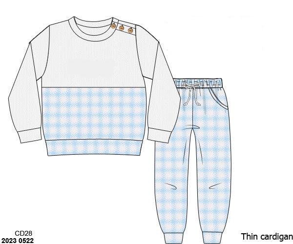 RTS: Blue & Pink Check Cardigan- Boys French Knot Jogger Set (Without Monogram)