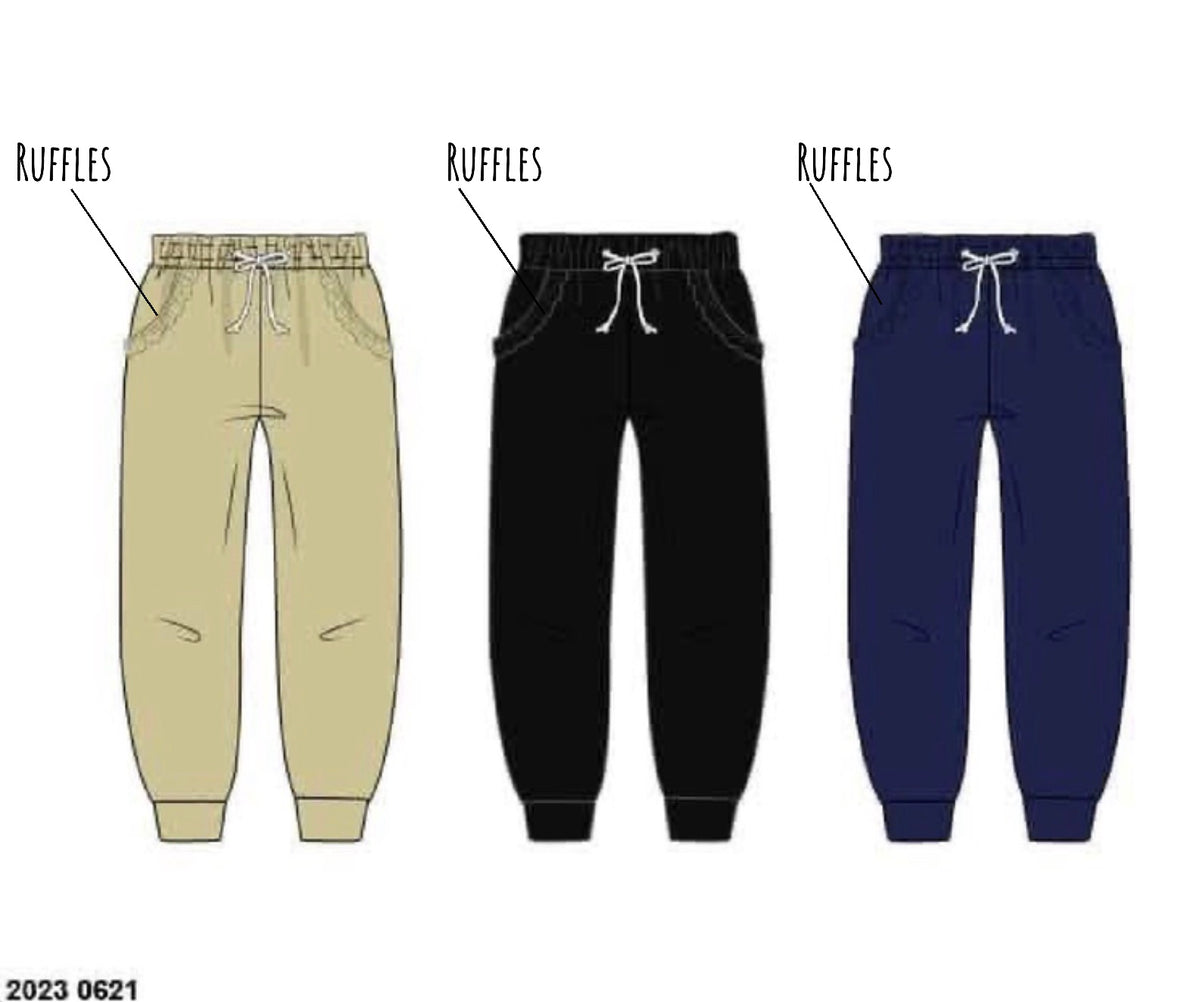 RTS: GIRLS Only- 3pc Ruffle Jogger Pack(Black, Tan, & Navy)