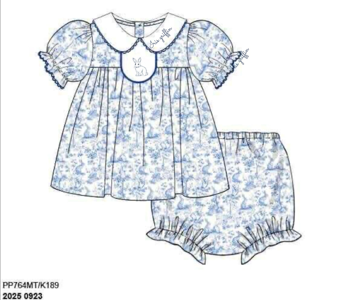 RTS: Bunny Toile- Girls Woven Bloomer Set “Iris griffin”