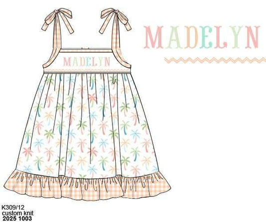 Pre Order 135: Pastel Palms- Girls Knit Name Smock Dress