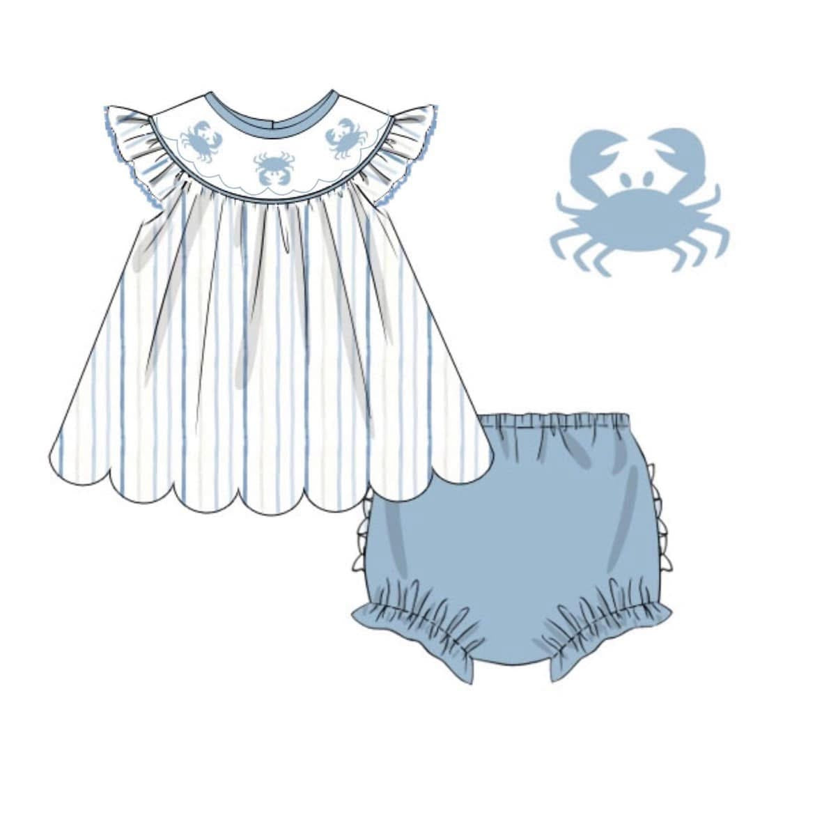 RTS: Blue Crabs & Fish- Girls Smocked Knit Bloomer Set