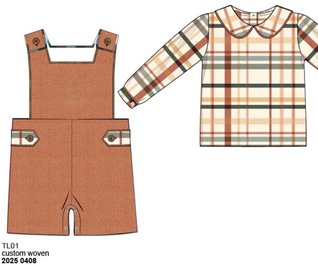 RTS: Briar Floral & Plaid- Boys 2pc Linen Shortall (Without Monogram)