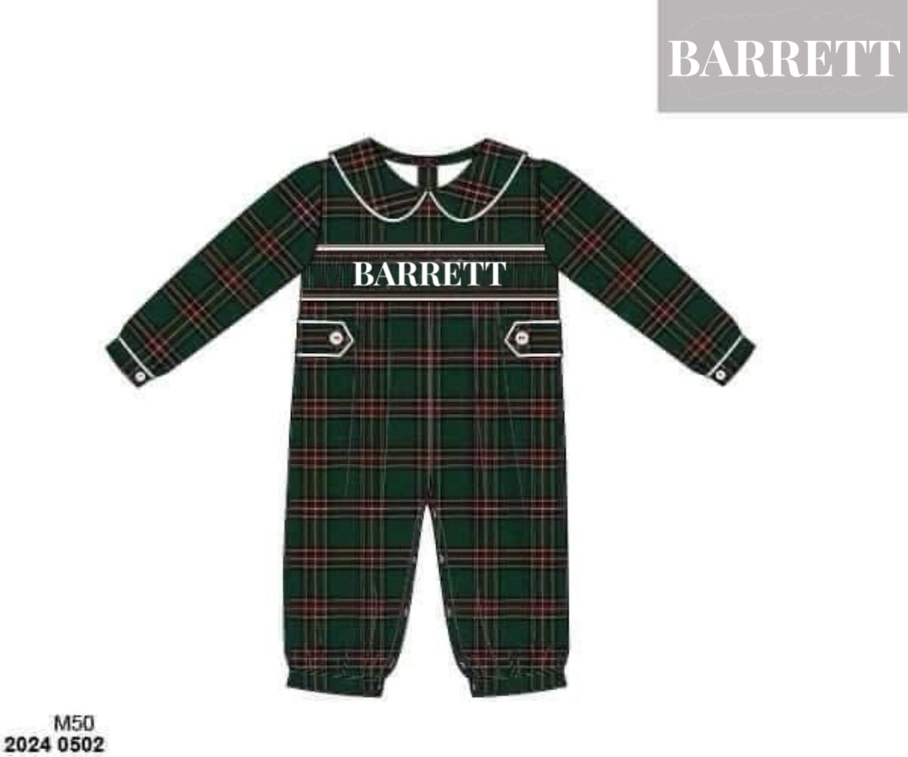 RTS: Christmas Name Smocks- Green Tartan Boys Woven Romper “BARRETT”