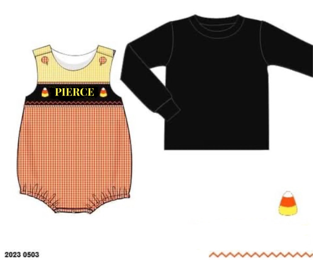 RTS: Halloween Name Smocks- Candy Corn Boys 2pc Woven Bubble "PIERCE"
