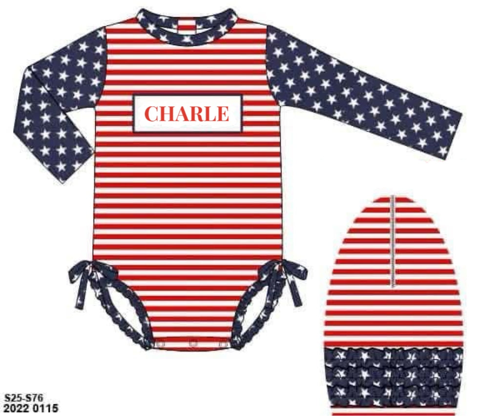 RTS: Star Spangled Name Smocks- Girls 1pc Long Sleeve Rashguard “CHARLE”