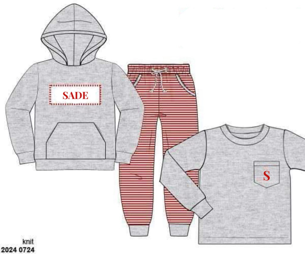 RTS: Winter Trio Packs- Boys Gray & Red Stripe Knit Jogger Set “Sade, S”