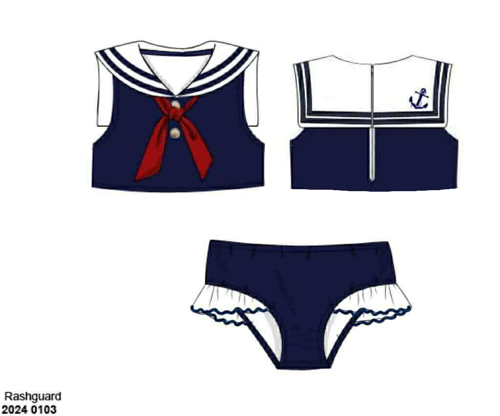 RTS: Sailors at Sea- Girls Rashguard 2pc Swimsuit W/Collar