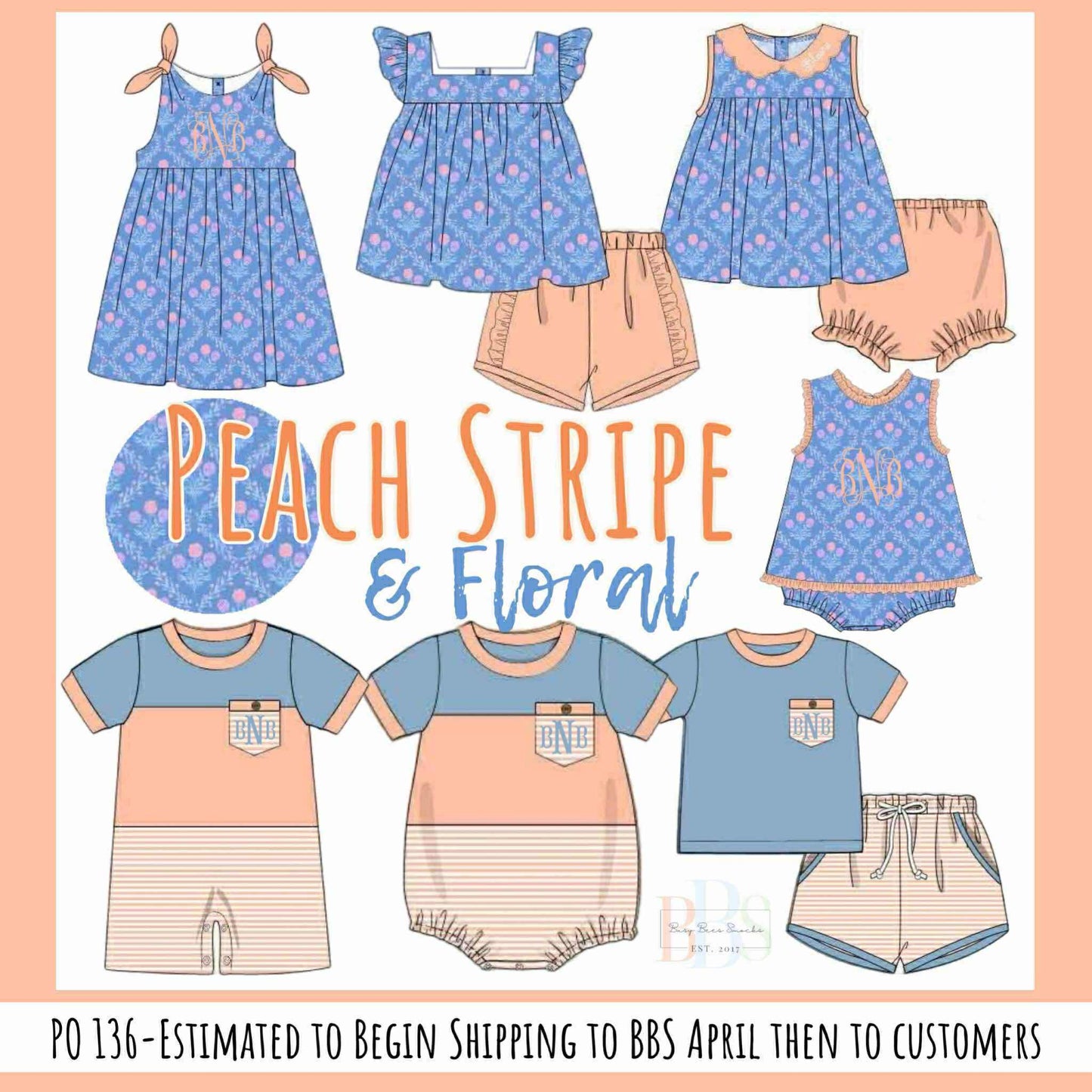 Pre Order 136: Peach Stripe & Floral- Girls Knit Shortie Set