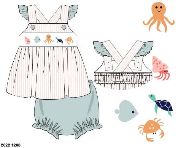 Pre Order 152: Under The Sea- Girls Smocked Bloomer Set
