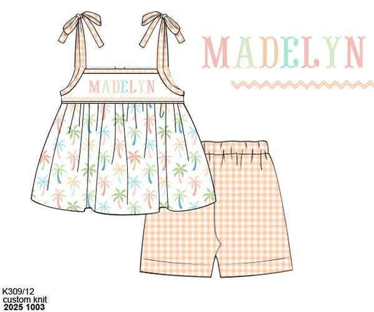 Pre Order 135: Pastel Palms- Girls Knit Name Smock Biker Short Set