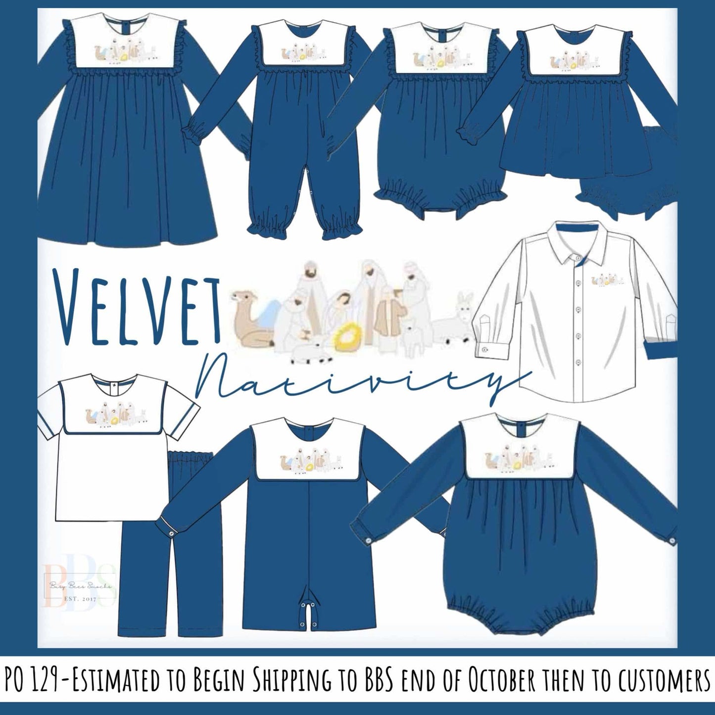 RTS: Blue Velvet Nativity- Girls Embroidered Dress