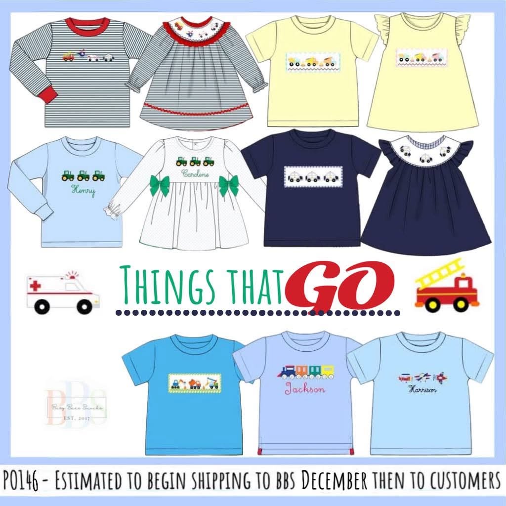 Pre Order 146: Things That GO- Boys Blue Smocked Construction Shirt