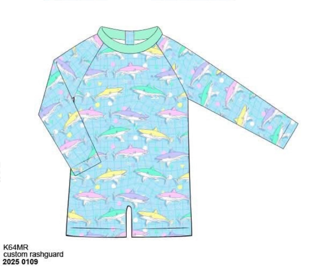 RTS: Nostalgic Sharks- Boys 1pc Rash Guard Swim (Without Monogram)