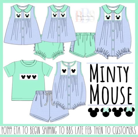 Pre Order 149: Minty Mouse- Girl Smocked Shortie Set