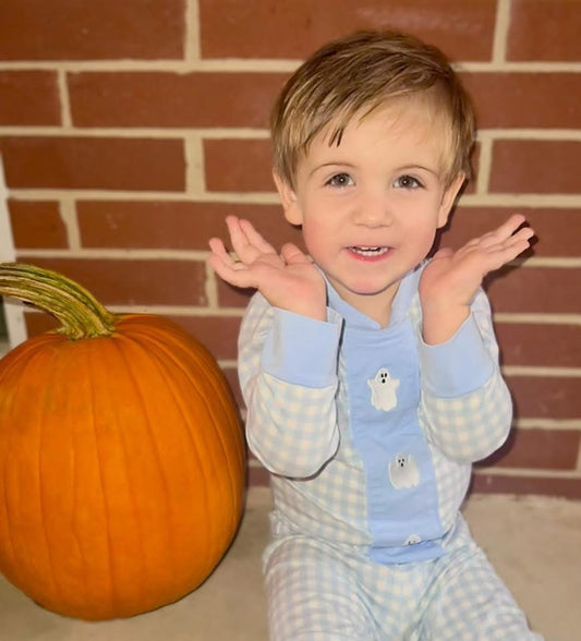 RTS: Spooky Lounge- Boys 2pc Blue Gingham Ghost