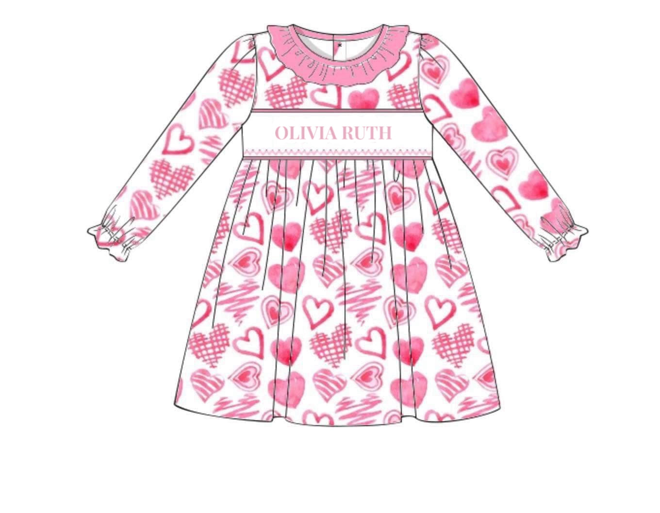 RTS: Valentine Name Smocks- Pink Hearts Girls Knit Dress “Olivia Ruth”