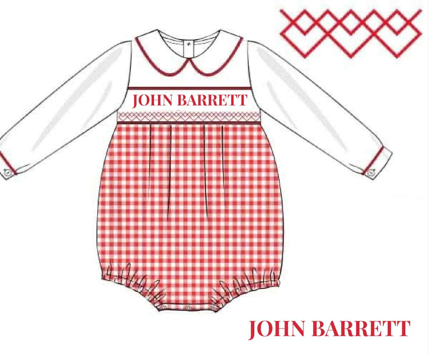 RTS: Christmas Name Smocks- Red Gingham Boys Knit Bubble "JOHN BARRETT"
