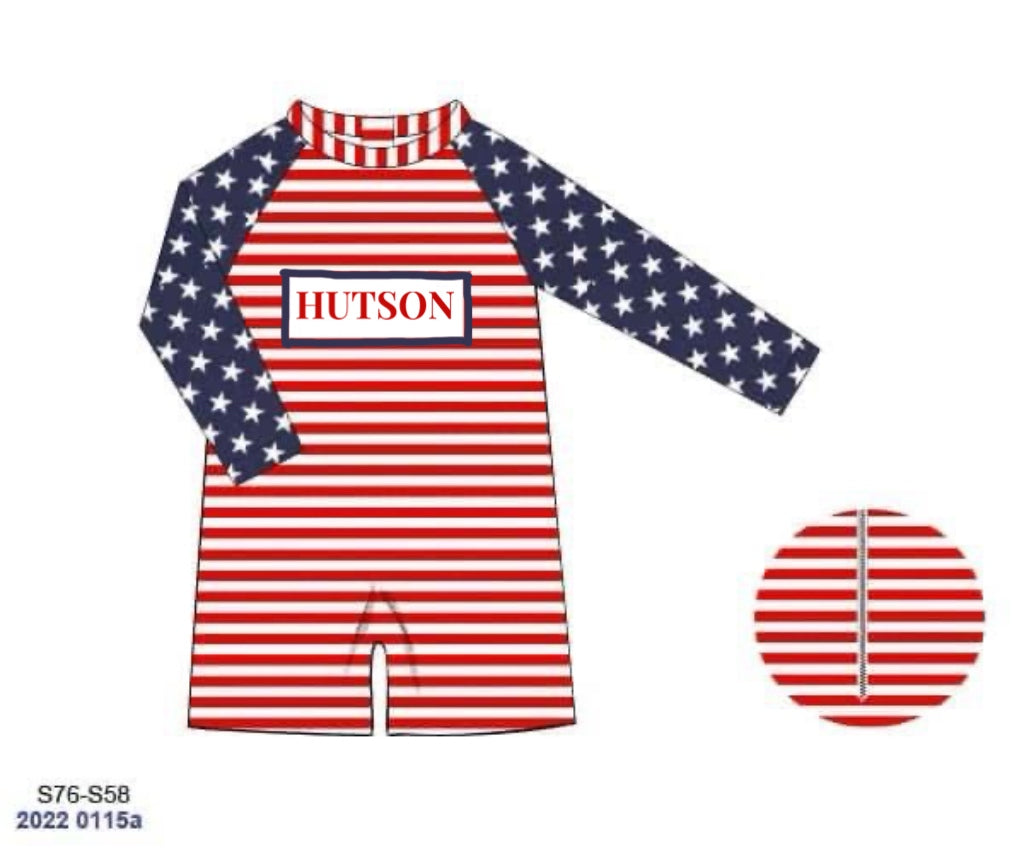 RTS: Star Spangled Swim- Boys 1pc Name Smock Rash Guard “HUTSON”