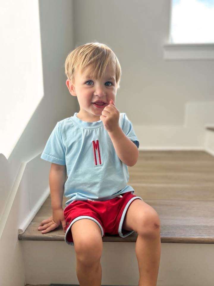 RTS: 3pc Knit Jacket Set- Boys Red Gingham & Asher Blue