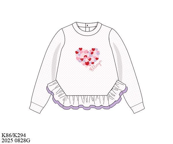 Pre Order 132: Valentine Shirt Only- Girls Embroidered Heart Knit Ruffle Shirt