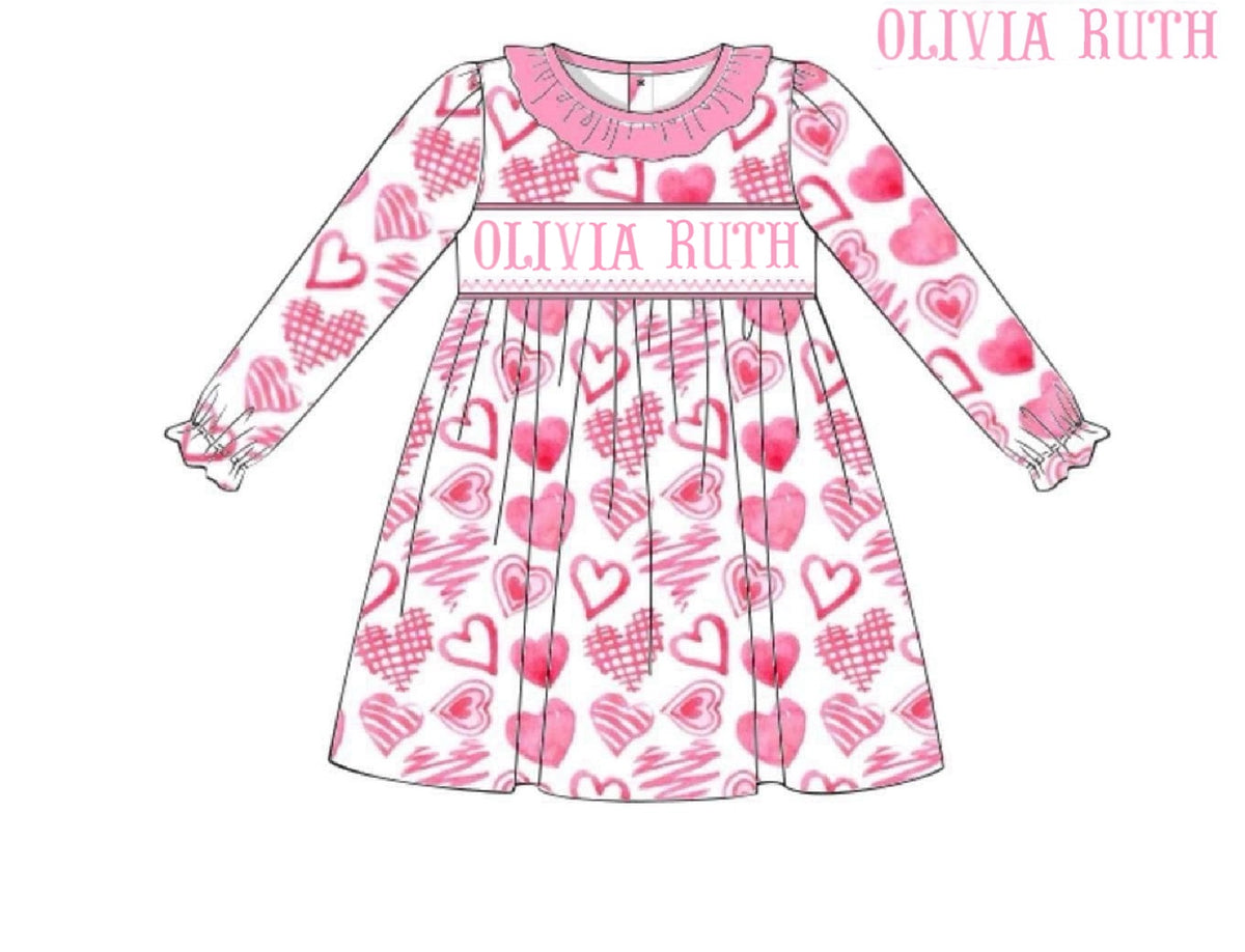 RTS: Valentine Name Smocks- Pink Hearts Girls Knit Dress “Olivia Ruth”