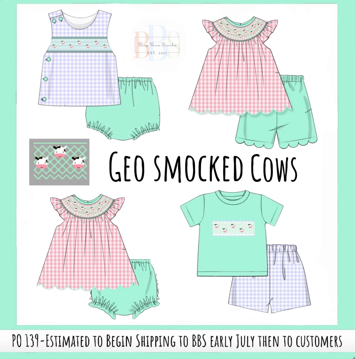 Pre Order 139: Geo Smocked Cows- Boys Diaper Set