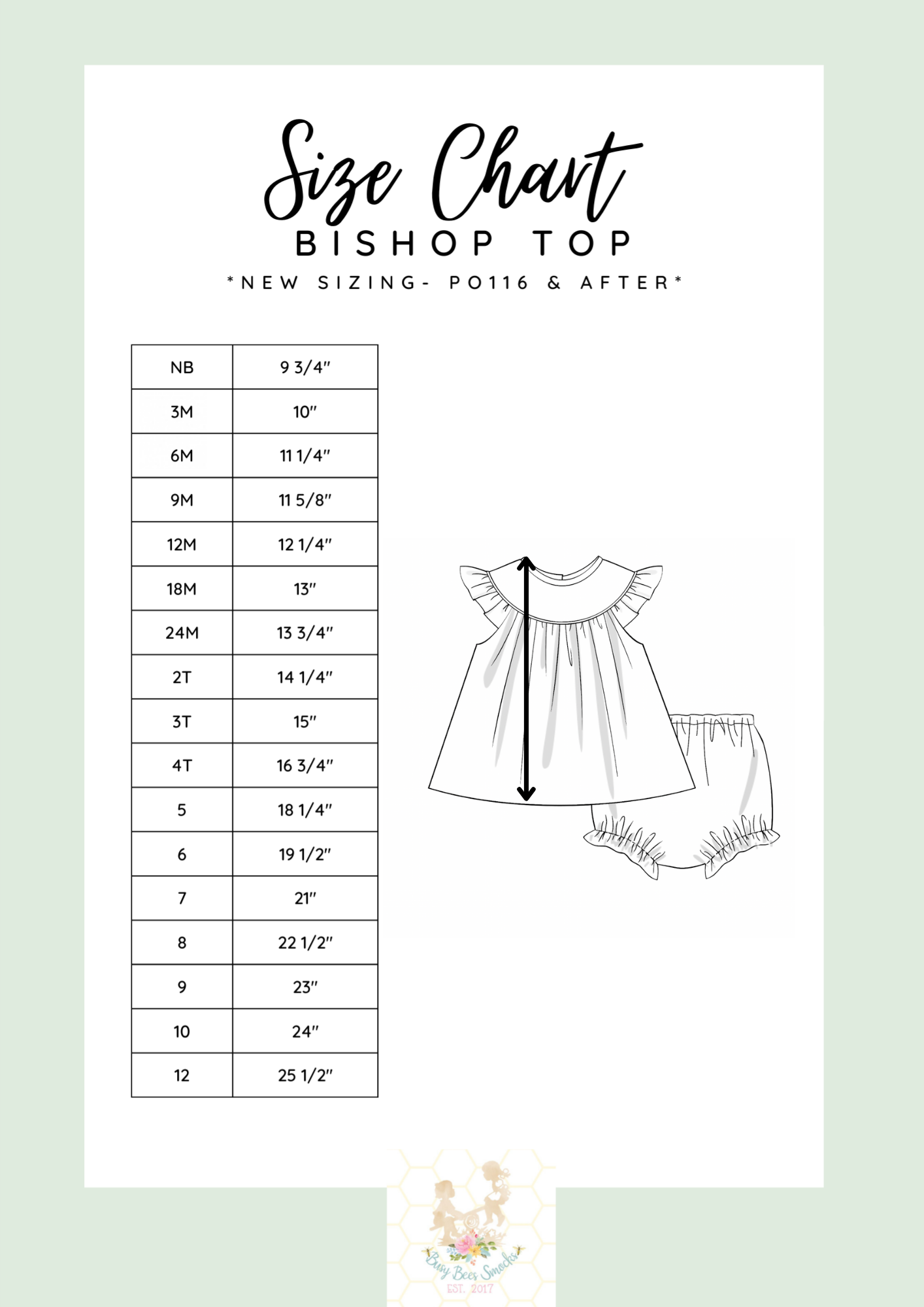 Girls Bishop Top Size Chart