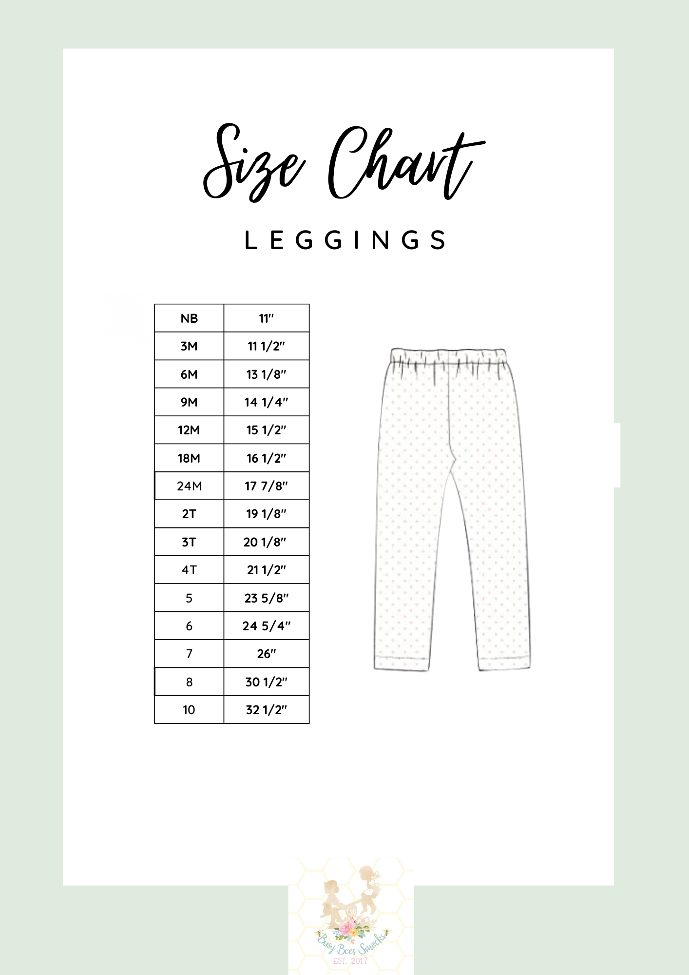Girls Legging Set Size Chart