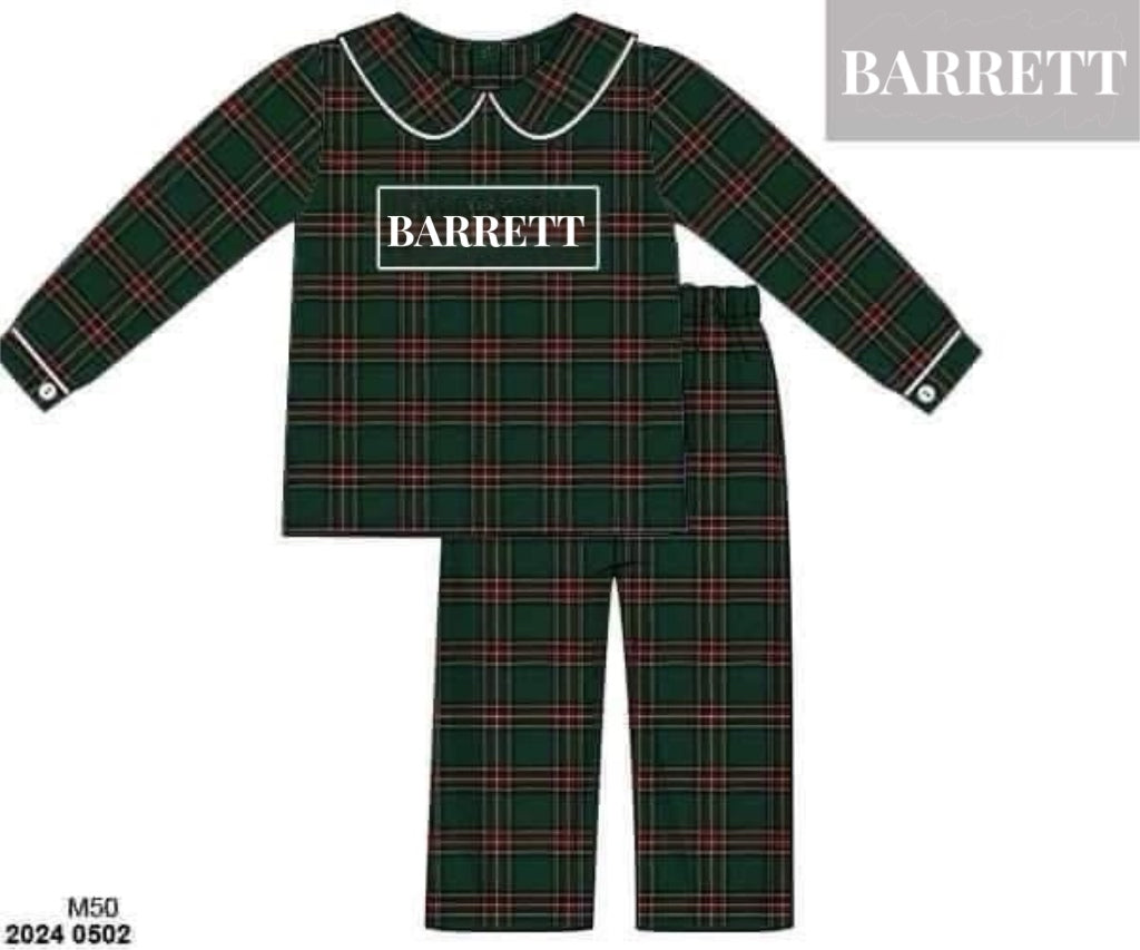 RTS: Christmas Name Smocks- Green Tartan Boys Woven Pant Set “BARRETT”