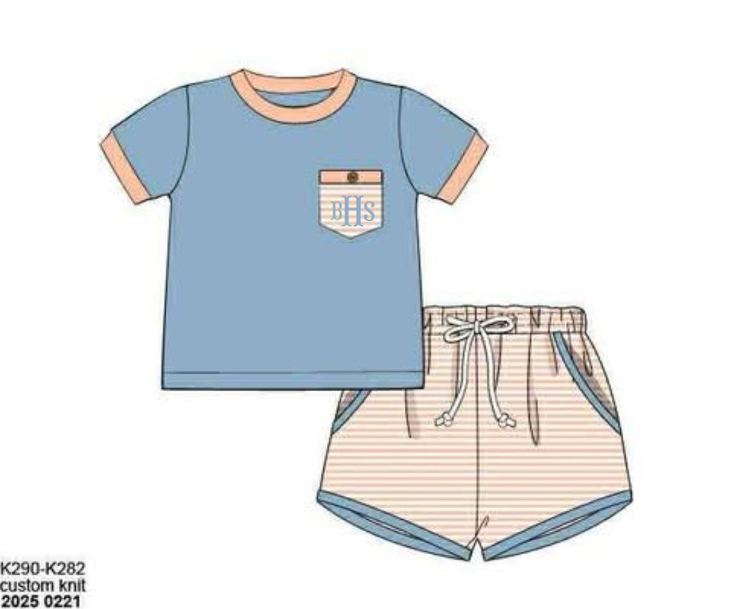 RTS: Peach Stripe & Floral- Boys Knit Shortie Set "BHS"