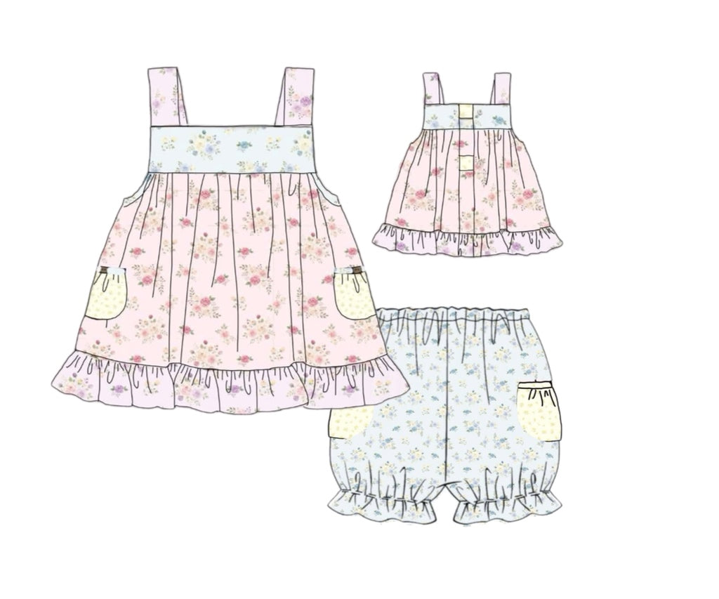 Pre Order 150: Tractors & Floral- Girls Knit Bubble Short Set