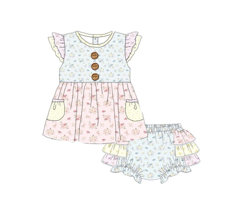 Pre Order 150: Tractors & Floral- Girls Knit Bloomer Set