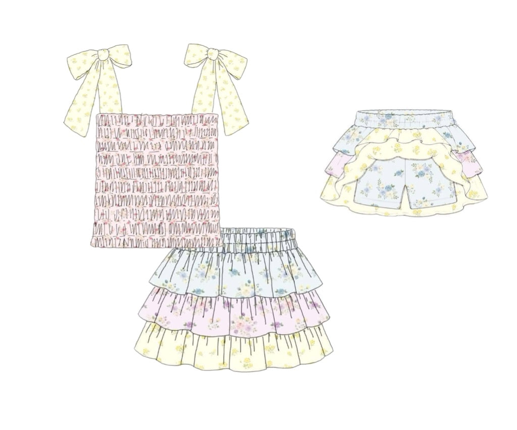 Pre Order 150: Tractors & Floral- Girls Knit Skort Set