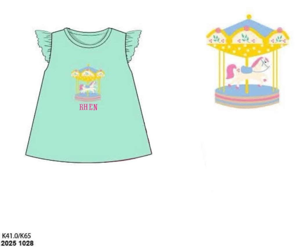 RTS: Critter Collection- Girls Carousel Embroidered Shirt "RHEN"