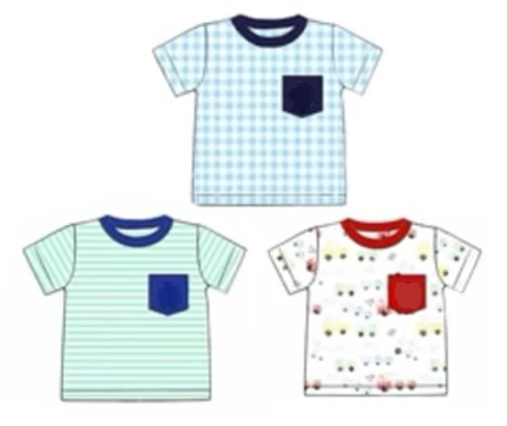 RTS: 3pc Shirt Pack- Boys Mint Stripe, Blue Gingham, & Transportation