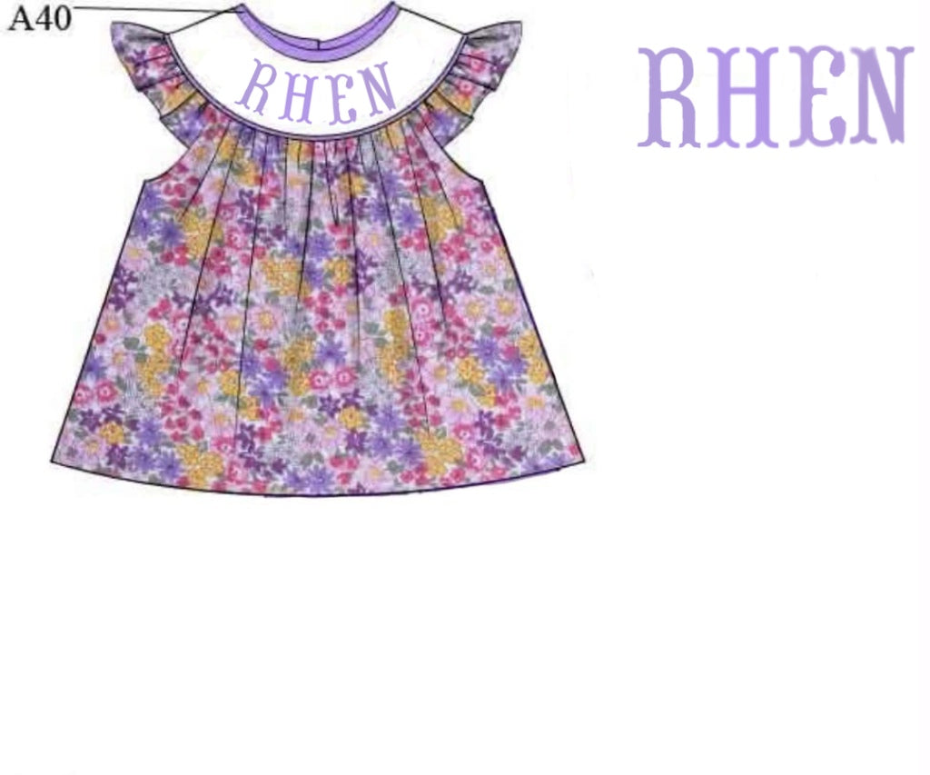 RTS: Name Smock Collection- Girls Purple Floral Shirt "RHEN"