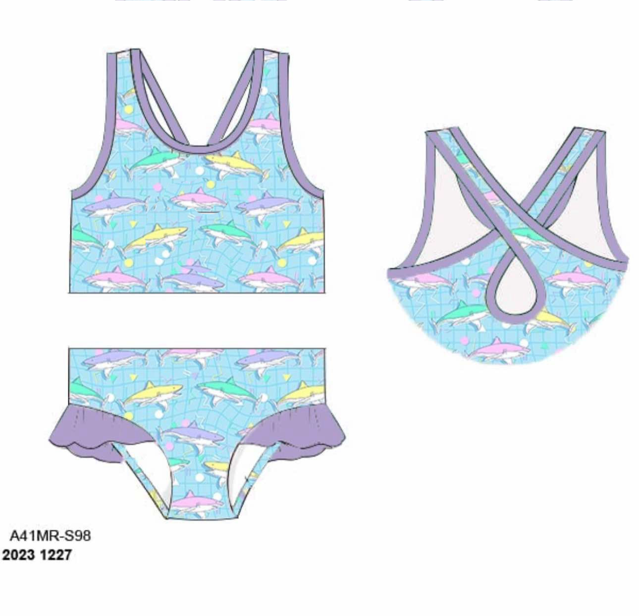 RTS: Nostalgic Sharks- Girls 2pc Rash Guard Swim