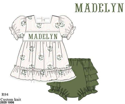 Pre Order 135: Sweet Pea- Girls Knit Name Smock Bloomer Set